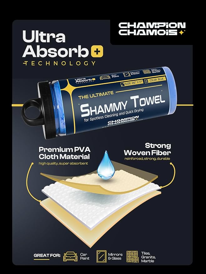 Premium Large Shammy Towel for Car - 2pk Pack (26"x17") - Super Absorbent, Soft, Streak-Free, Scratch-Free Cloth for Cars, Boats, Home - Long Lasting Chamois Towel + Hanging Storage Tubes (Blue)
