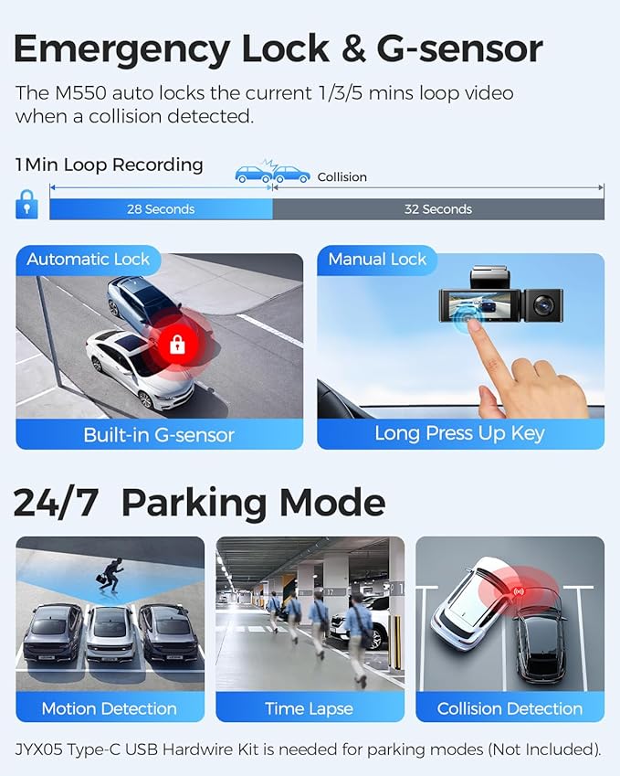 AZDOME M550 3 Channel Dash Cam, 4K+2.5K Dual Dash Camera for Cars Built-in WiFi GPS, 1440P+1080P+1440P Front and Rear Inside, 64GB Card Included, 3.19" IPS Screen, WDR, IR Night Vision, Parking Mode