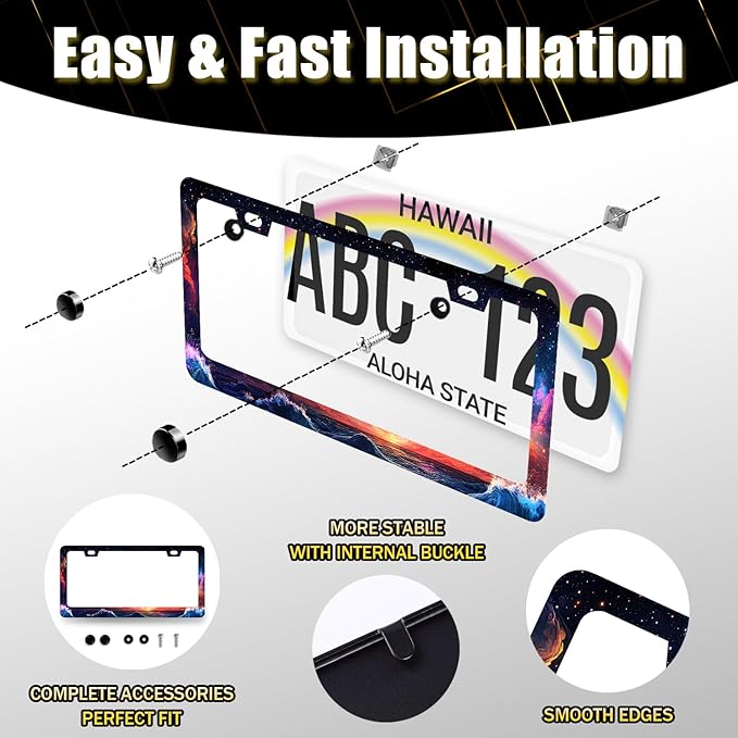 Waves Starry Sky Galaxy License Plate Frame Galaxy License Plate Holder Stainless Steel Funny Colorful Car Accessories Decoration 6.3" X 12.3" with 2 Holes Screws