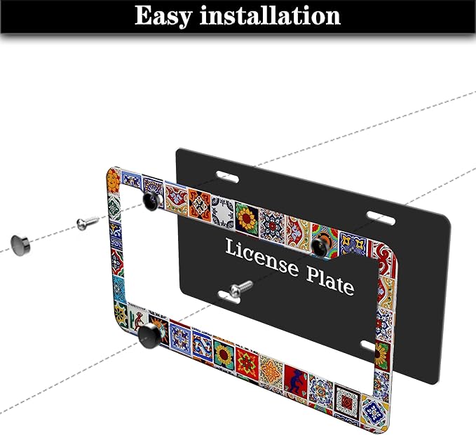License Plate Protector for Women Multicolor License Plate Frames for Men Mexican Tiles Universal Aluminum Car Accessory 2 Pack with Screw Covers Set