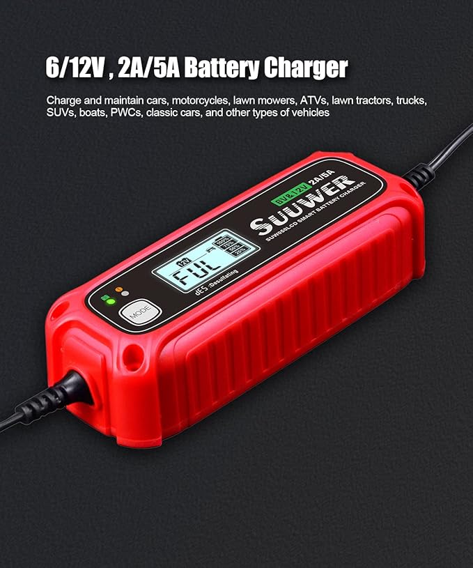 5-Amp High-Efficiency 6V&12V Smart Car Battery Charger, Battery Maintainer, Trickle Charger, Float Charger and Desulfator for Car, Motorcycle, ATV, Lithium (LiFePO4) and Deep Cycle Batteries