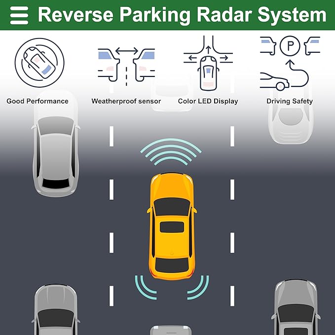 Motoforti Universal Car Auto Vehicle Reverse Backup Radar System Reverse Parking Sensors Alarm Buzzer Reminder Distance Detection Gray 4Parking Sensors