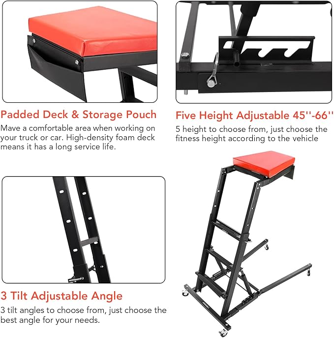 Automotive Engine Creeper - Adjustable Height, Foldable Design with Thick Padded Deck, Heavy-Duty Capacity for Home Garage & Workshop Repair. Versatile for Trucks & Auto Maintenance, Topside Use, Comf