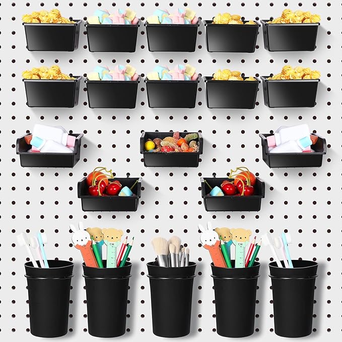 Yookeer 20 Pcs Pegboard Bins and Cups with Hooks and Loops Peg Assortment Organizer Accessories Various Tool Organizer Pegboard Baskets Set for Garage Workshop Workbench Office(Black)
