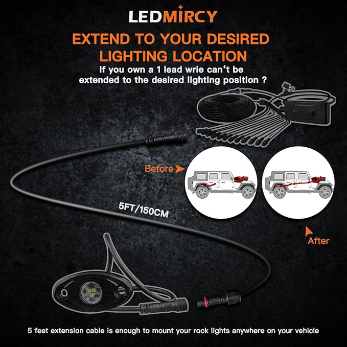 LED Rock Lights Extension Cable Wire Cord 2Pin Waterproof 4PCS 5ft 22AWG with Male to Female Connectors 11mm Nut Size for Wheel Lights Spot Flood Light Driving Fog Light for Truck