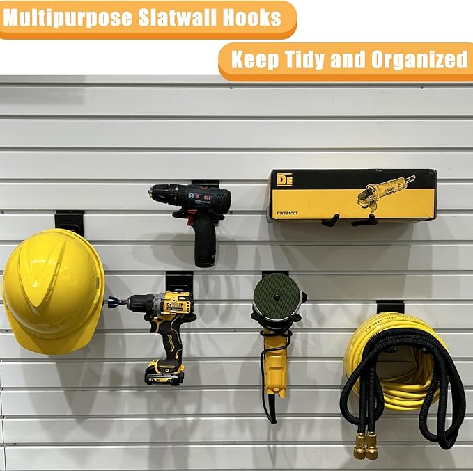 Adjustable Slatwall Hooks, Lockable Slatwall Weedeater Hanger, String Trimmer Hanger, Power Tool Hanger for slatwall Accessories, Utility Hooks for Garage Storage 8"" 4 Pcs, Black