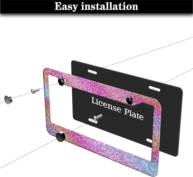 License Plate Frame Multicolor License Plate Holder Shining Rainbow Gradient Sparkle Glitter Women Aluminum Metal Car Accessory 2 Pack with Screw Covers Set