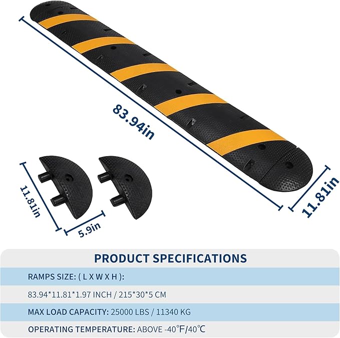 6FT Speed Bumps Wite End for Road, Heavy-Duty 25,000 Lbs Capacity Traffic Rubber Speed Humps with 2 Channel Floor Cord Cover for Asphalt Concrete Gravel Driveway Road