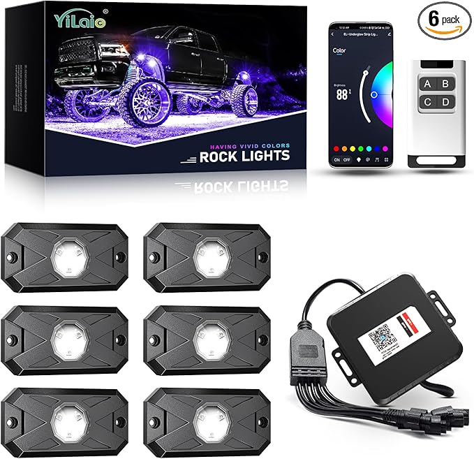 YiLaie RGB LED Rock Lights Kit, 6 Pods Underglow Multicolor Neon Light with App/RF Remote Control, Flashing Music Mode, Multicolor Wheel Well Light for Trucks ATV UTV RZR SUV Golf
