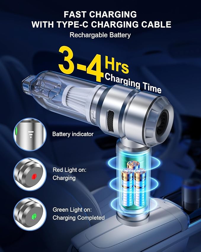 Car Vacuum,3 Suction Modes,Portable Mini Cordless Cleaner with 21000pa Suction Power,Type-C Charge,Handheld Vacuum for Home,Car, Office Desk, Keyboards(Diamond Silver)