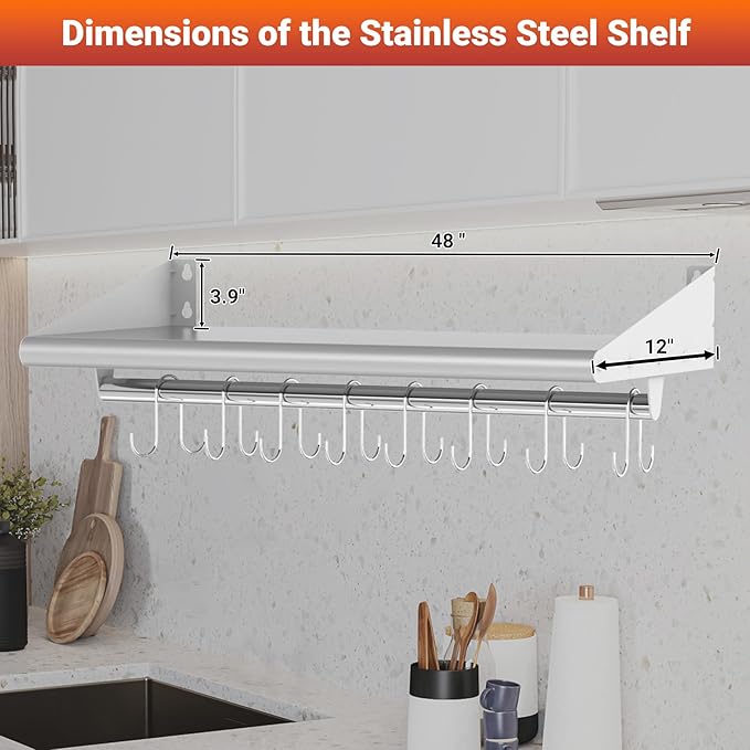 Skyflame Stainless Steel Floating Shelving with 8 Hooks, 12” x 48” Wall Mounted Commercial Shelves for Restaurant, Kitchen, Home, Hotel and Bar