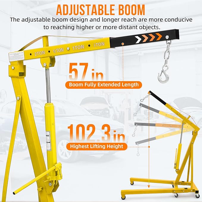 2 Ton Engine Hoist, 4000 Lbs Heavy Duty Folding Cherry Picker Engine Lift Hydraulic Tilting Engine Shop Crane with 6 Iron Caster Wheels Telescopic Boom Hitch,Yellow