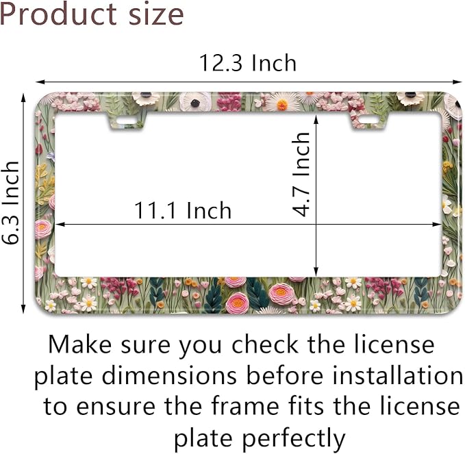 3D License Plate Frame Embroidered Floral Pattern Stainless Steel License Plate Frames Holder Covers Rust-Proof Auto Parts Decoration with Screws License Plate Holder for Car Accessories 12x6 Inch
