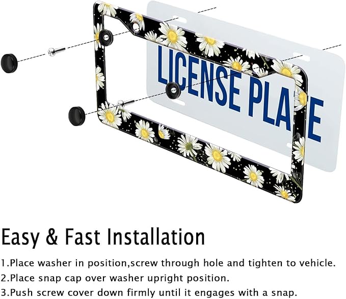 Daisy Flowers Car License Plate Frame, Flowers Print Tags Frames Holder Covers, Metal Aluminum Rustproof Car Accessories US Canada Standard with Screws for Women Men 6x12 Inch 2 Holes