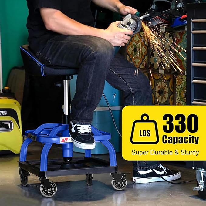 Rolling Shop Stool with Wheels, Garage Work Mechanic Stool with Backrest, Roller Mechanic Chair, Adjustable Height, 360° Swivel, Tool Tray Storage, 330 LBS Capacity, Heavy Duty, Blue