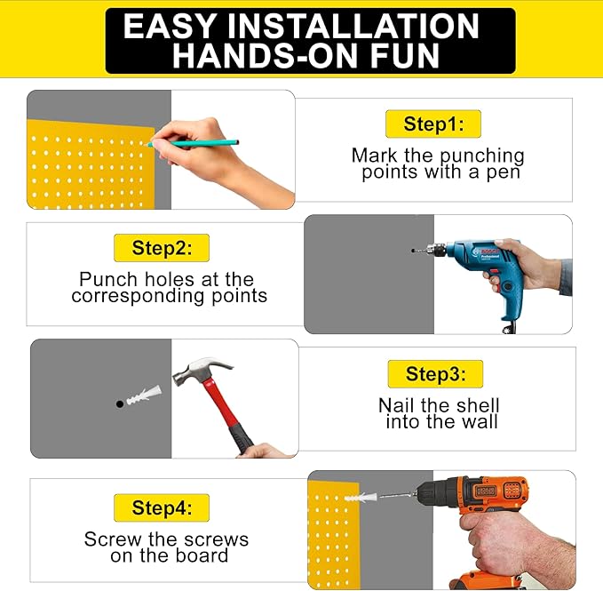 Metal Peg Board Panels for Workbench, Shop, Shed Modular Peg Board Organizer Board Kit, pegboard Wall Organizer(4 Pack, Yellow)