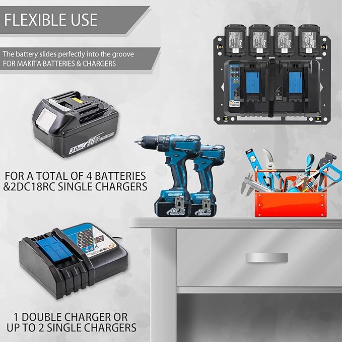 Charger Mount for Makita DC18RC, DC18RD Charger, Wall Mount for Makita 4X 14.4V/18V Batteries and 2 Drilling Screwdrivers, Heavy-Duty Garage Workshop Organization