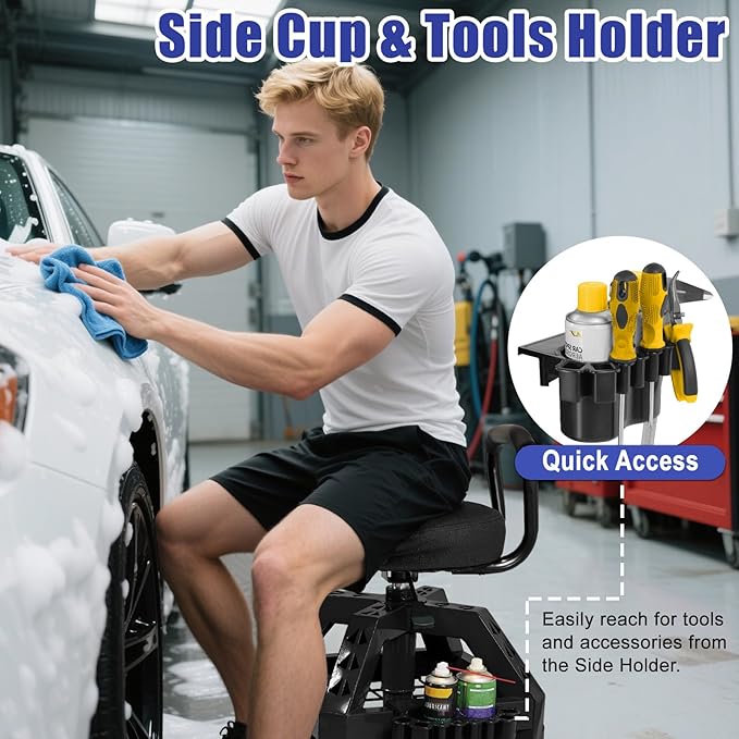 Rolling Shop Stool with Wheels, Heavy Duty Garage Work Mechanic Stool with Backrest, Adjustable Height 360°Swivel Rolling Chair with Tool Tray Storage, 330 LBS Capacity, Black