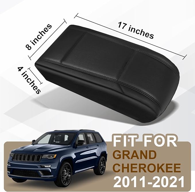 Muslogy Center Console Armrest Cover Compatible with Jeep Grand Cherokee 2011-2021 Comfort Armrest Pad Arm Rest Cushion Vegan Leather Protector Regular Thick
