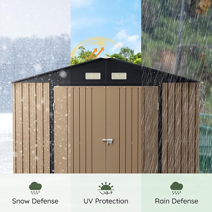 10x12 FT Outdoor Metal Storage Shed with Floor Frame, Double Swing Doors, 2 Clear Windows, Replaceable Skylight Roof Panel, Tool Shed for Garden, Patio, Backyard Brown