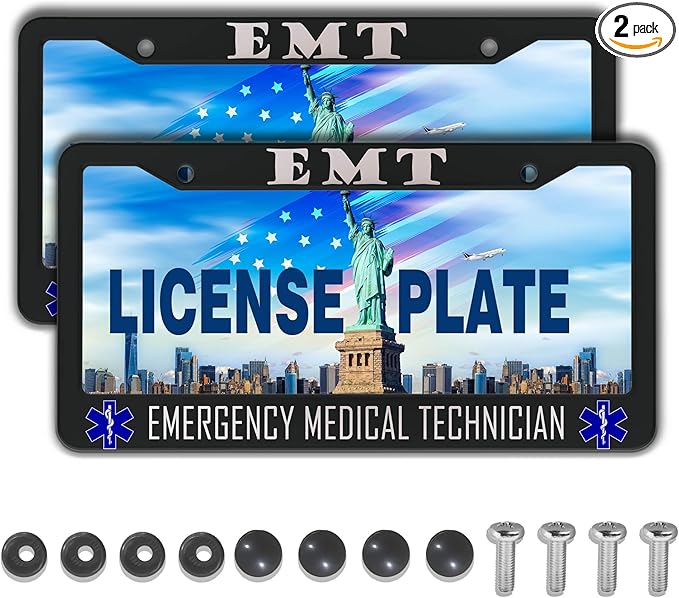 License Plate Bracket Black and White License Plate Frames EMT Emergency Medical Technician Aluminum Metal Car Accessory 2 Pack with Screw Covers Set