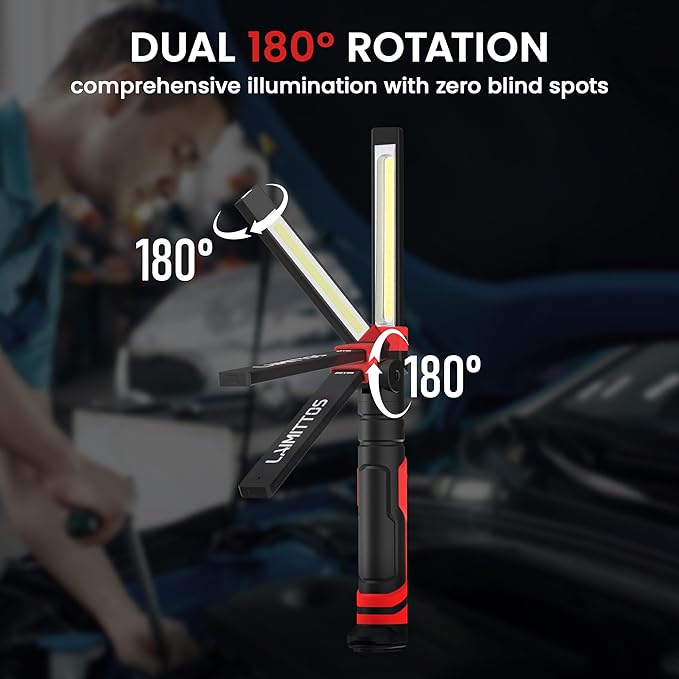 Rechargeable LED Work Light, Magnetic Flashlight Mechanic Light Tool Gifts for Men Him, Foldable Lamp with Hook for Car Repair Emergency BBQ Grill (2 Pack)