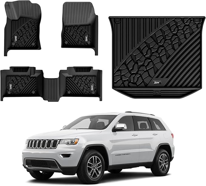 3W Floor Mats & Cargo Liner Fit for Jeep Grand Cherokee 2016-2021/ Grand Cherokee WK 2022 2023 (Non L), TPE All Weather Custom Fit 1st and 2nd Rows Car Mats and Trunk Liner, Black