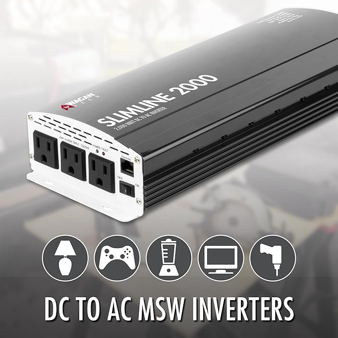 Wagan EL3724 2000W Slim Line AC to DC Power Inverter 2000W TrueRated Continuous 4500W Surge Power DC 12V to AC 110V Power Inverter with 3 AC Outlets and 2A USB Charging Port
