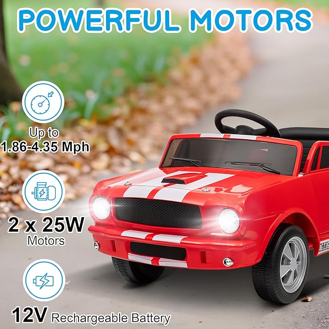 Winado Licensed Shelby Electric Car for Kids, Battery Powered Ride On Toy for Toddlers with Remote Control, Upgrade Display Panel, Bluetooth, Shock Absorbers, Safety Belt, 3 Speeds, LED Lights - Red