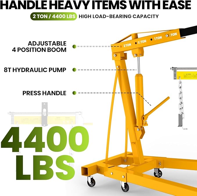 2-Ton Engine Hoist Cherry Picker with Engine Leveler, 4400 Lbs Folding Hydraulic Workshop Crane Lift with 6 Swivel Wheels and Telescopic Boom, Heavy-Duty Crane for Garage, Automotive Repair (Yellow)