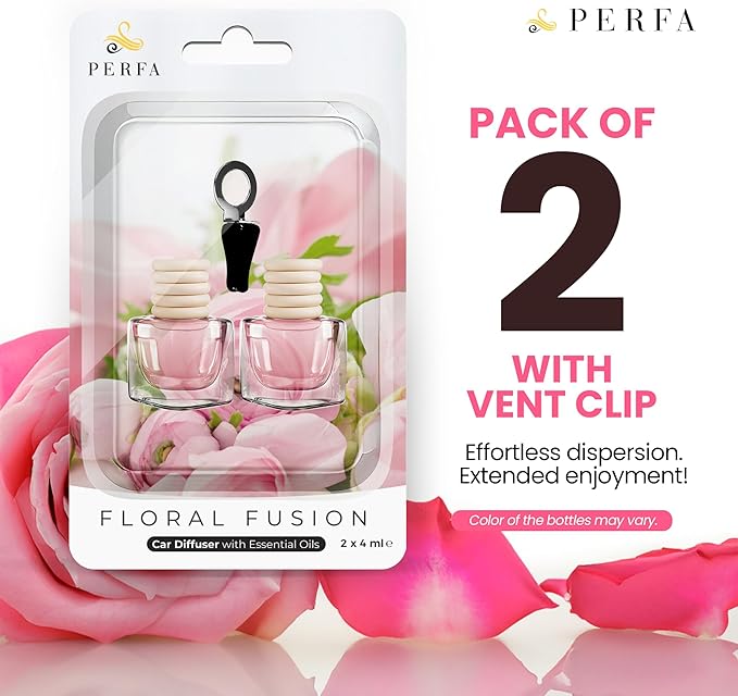 Car Air Fresheners for Women - Floral Fragrance Pack of 2 Long Lasting Car Air Freshener | Odor Eliminator Car Perfume Diffuser with Essential Oils | Automotive Air Freshener Vent Clip by Perfa