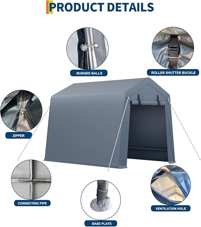 6x8 FT Motorcycle Shed, Durable Outdoor Motorcycle Storage Tent with Roll-Up Ventilated Zipper Door and Windows, Outdoor Garage Canopy for Motorcycle, Bike