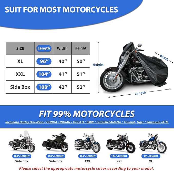 Motorcycle Cover for Cruiser Models Harley Davidson Iron 883, Fat Boy, Softail Slim, Softail Standard, Street Bob 114, Sport Glide, and Most Motorcycles - Waterproof Motorcycle Cover Outdoor Storage