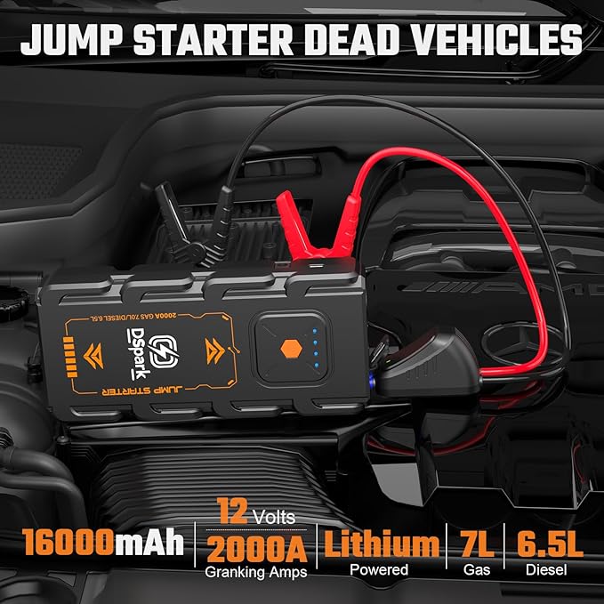 G21C Battery Jumper Starter Portable 2000A Car Jump Starter Portable Battery Booster for 7.0L Gas and 6.5L Diesel Engines 12V Jump Box with USB Quick Charge LED Flashlight and Compact Storage Case
