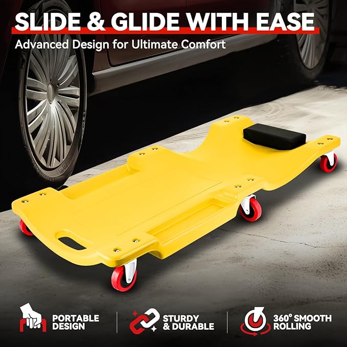 Auto Dynasty 36 Inches Mechanic Creeper, Automotive Garage Repair Low Profile Under Car Rolling Creeper with Padded Headrest, Plastic, Yellow