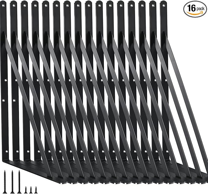 16 Pack L14 x H 10" Black Heavy Duty Shelf Brackets with Screws Metal Shelf Brackets Shelf Support Angle Brackets for Shelves L Brackets Heavy Duty Floating Shelf