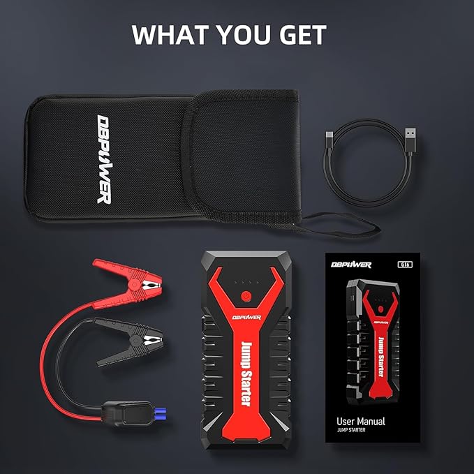 DBPOWER 3000A/80.66Wh Portable Car Jump Starter (UP to 10.0L Gas/8.0L Diesel Engines) 12V Auto Lithium-Ion Battery Booster with Smart Clamp Cables, Quick Charge, and LED, Storage Bag