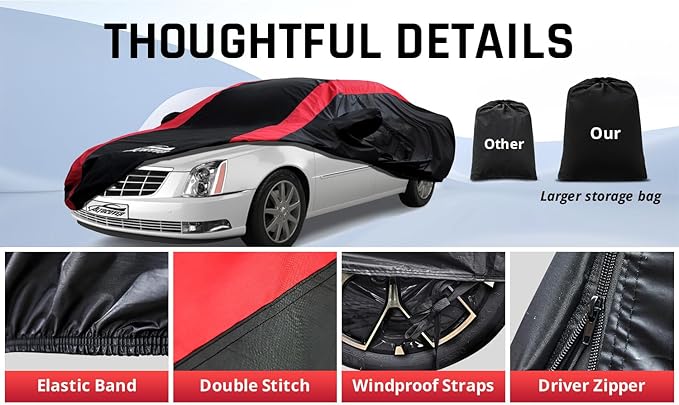 Car Cover Waterproof All Weather with Red Strip Design, Custom Fit for DTS(2006–2011), XTS(2013-2019), CT6(2016-2020), DTS Accessory with Door Zipper & Windproof Straps