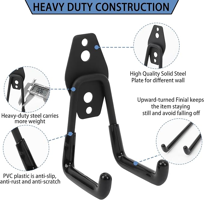 Wall Mount Heavy Duty Garage Hooks (4-Pack) – Wall Mounted Storage Hooks for Ladders, Bikes, Tools & More – Rust-Resistant Steel with Anti-Slip PVC Coating Small U Hooks