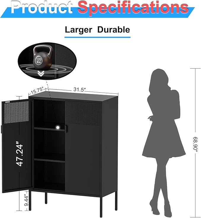 2 Mesh Door Metal Storage Cabinet with Adjustable Shelves, Multipurpose Black Storage Cabinet, 3-Tier Office Cabinet,Metal Storage Cabinet for Office Home,Hallway(Black, 47''H)