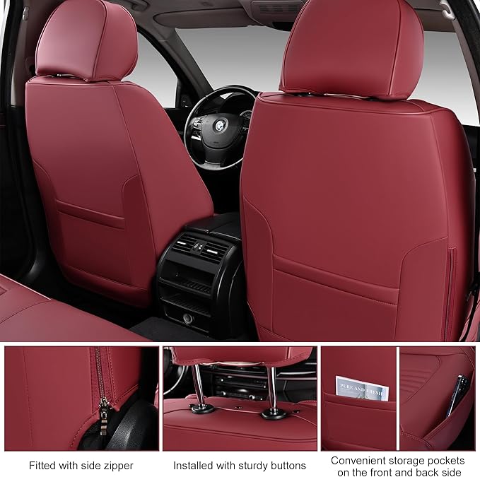 Front Seat Covers, 2 Pieces Universal Seat Covers for Cars, Waterproof Leather Auto Seat Protectors with Head Pillow, Car Seat Cushions Fit for Most Sedans SUV Pick-up Truck, Wine Red