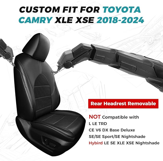 for Toyota Camry Seat Covers XLE XSE V6 2018 2019 2020 2021 2022 2023 2024 - Waterproof Breathable Leather Seat Covers for Cars, Custom Fit Car Seat Covers Full Set, Black Not for Hybrid