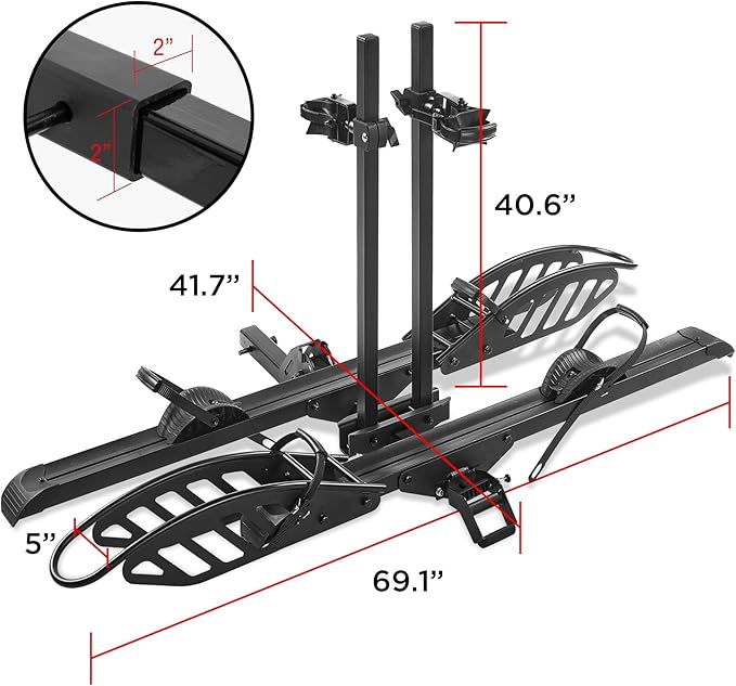 Rockland Foldable 2-Ebike Rack, 200 lbs Capacity, Hitch Mount Electric Bike Rack, Fits up to 5" Fat Tire Width and 50" Wheelbase, Ebike Carrier Rack for 2" Receiver for Cars SUVs Vans RVs
