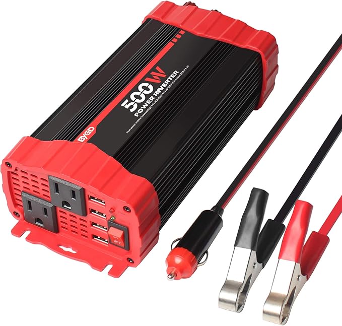 BYGD 500W Power Inverter, Car Charger Adpater DC 12V to AC 110V Car Power Converter 4 USB Quick Charging Ports and Dual AC Outlets Car Charger Adpater with Cigarette Lighter Cable and Battery Clamps
