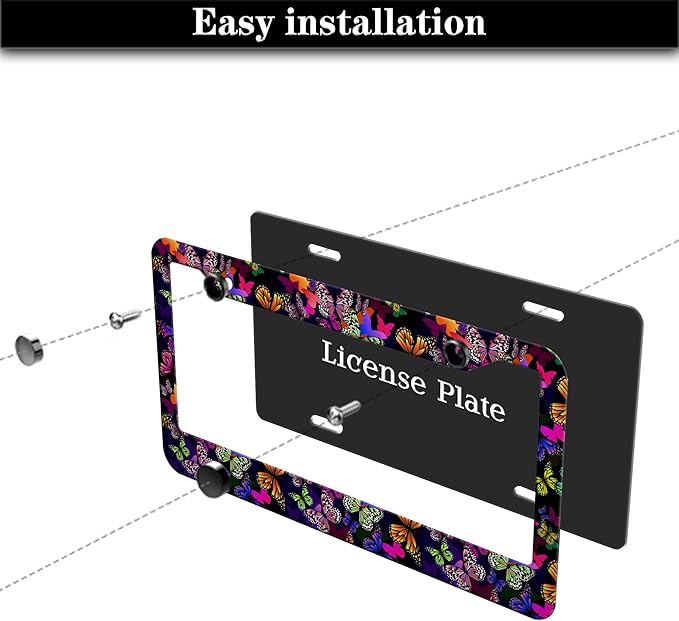 License Plate Frames Multicolor Car Plate Frame Colorful Watercolor Butterfly Aluminum Metal Car Accessory 2 Pack with Screw Covers Set