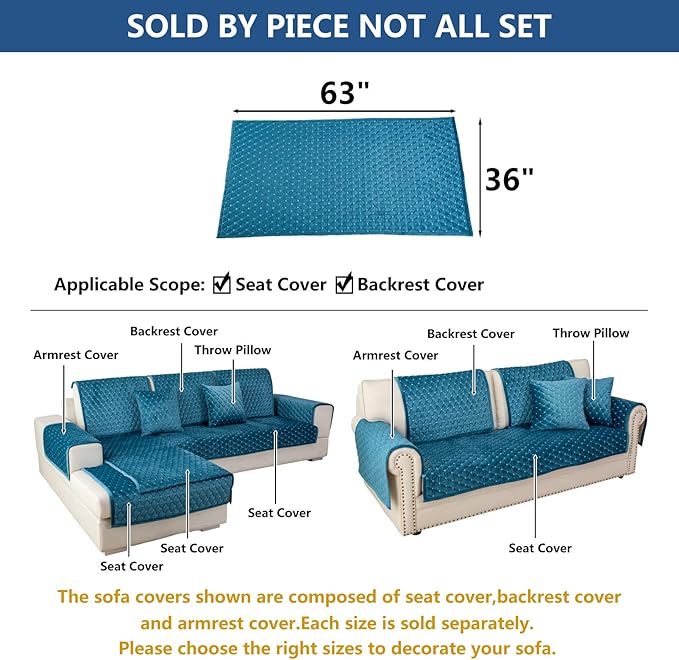 Eismodra Couch Cover,Sectional Couch Covers,Sofa Covers for 3 Cushion Couch,Anti-Slip Sofa Slipcovers for Dogs Cats Kids Loveseat Recliner L Shaped Armrest Backrest,Blue 36''x63''(Only 1 Piece)