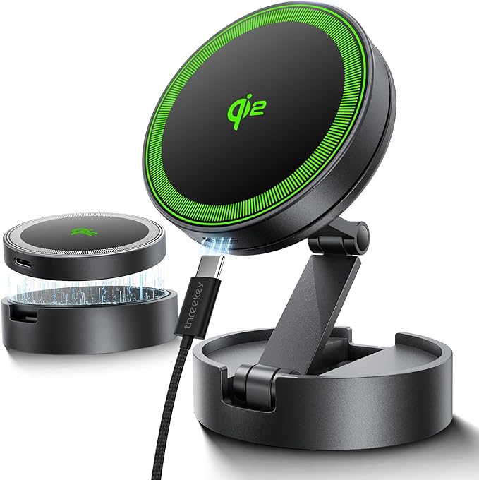 THREEKEY for MagSafe Car Mount Charger, Qi2 Wireless Car Charger, Retractable Car Phone Holder with Long Arm & 360°Rotation, Magnetic Car Mount for iPhone16-12Series & Galaxy S25 Ultra (TZH101 Bronze)