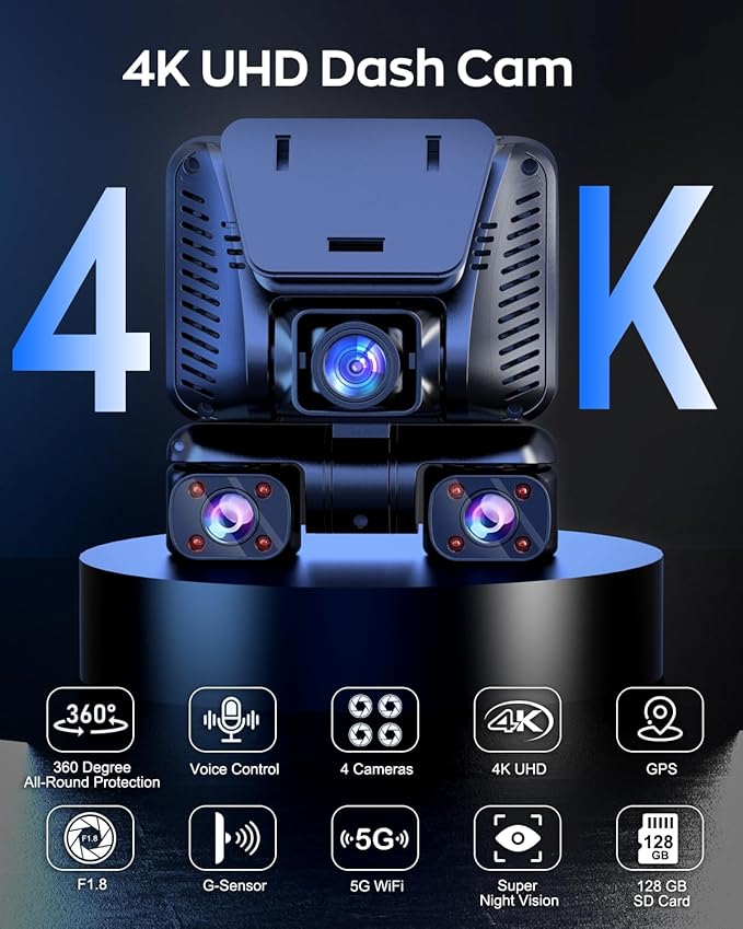 4K Dash Cam 360° View,4 Channel Front and Rear Dash Camera for Cars,Built-in 5GHz Wi-Fi GPS, Voice Control, Free 128G Card,Night Vision,24H Parking Mode,G-Sensor