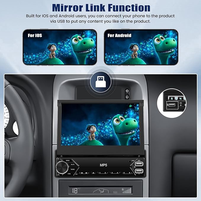 Single Din Touchscreen Car Stereo with Wireless Carplay&Android Auto,7 Inch Car Radio Flip Out MP5 Play with BT FM Radio EQ Mirror Link Car Audio with USB/TF/AUX-in SWC+Backup Camera+Microphone