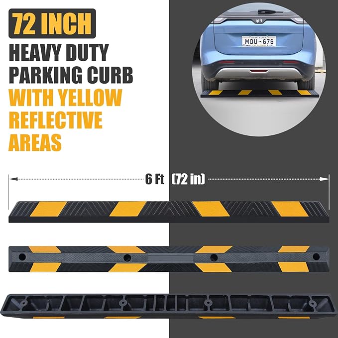 72" in 6' Ft Heavy-duty Rubber Parking Curb, Installation Kits Included, Parking Garage Floor Stopper, Wheel Stopper for Vehicles Truck Driveway Protect Cars Vans Trucks Pumpers (72" - 2Pack)